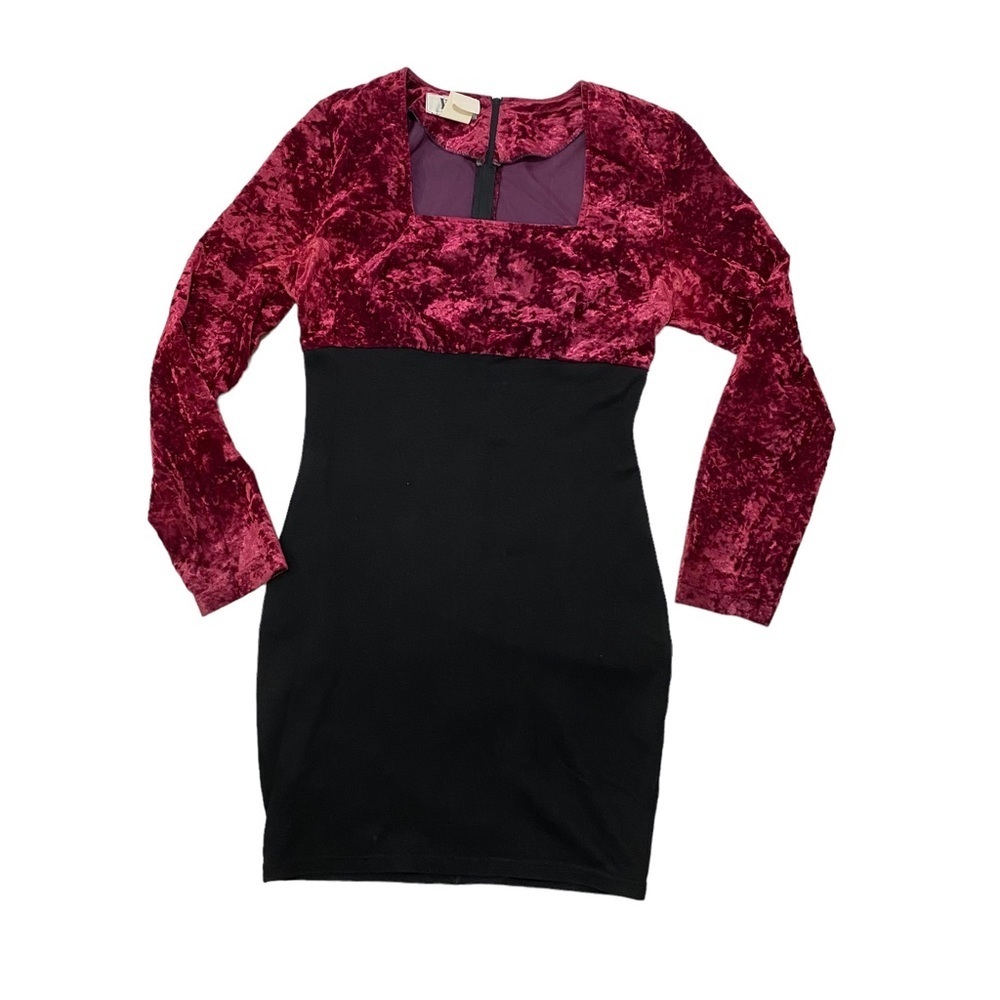 Vintage 90s YES Long Sleeve Red Crushed Velvet Skater Dress Burgundy Punk Goth